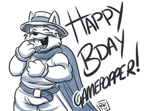 gamepopperbday.png Sketch commish for gamepopper , who wanted to see his character eating cake. I added the appropriate text XP.