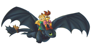 timitoothless.png Commission piccy for timidus featuring his character and Theodore chipmunk riding on Toothless whilst wearing the Auryn from Neverending Story. Quite a mashup.
