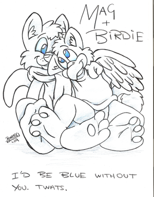 birdmagtwat.png Since I don't have access to my laptop and drawing software I'm practicing with traditional media. This be a piccy of birdus and magrcon enjoying eachothers' company XP. Done using prismacolor pencils, only theres so little colouring in this one it doesn't make any difference XP. Plus the scanner killed some of the very subtle blue.